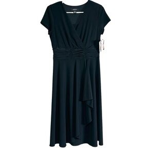 NWT R&M Richards Black Ruched Faux Wrap Midi Dress Ruffle 10